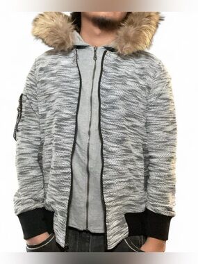 In The Attic Homme Japanese Brand‎ Multi-Layered Knit Faux Fur Hoodie Jacket